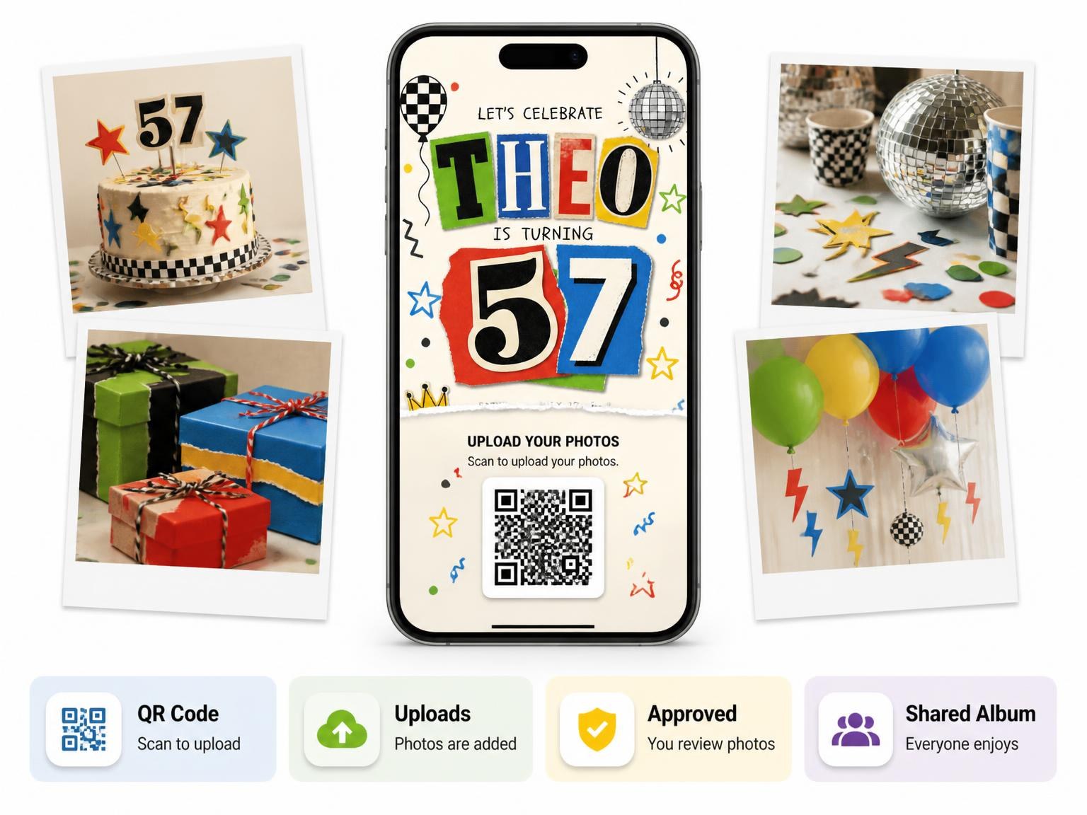 The shared photo gallery that comes with the Retro Paper Collage 57th Birthday Invitation invitation