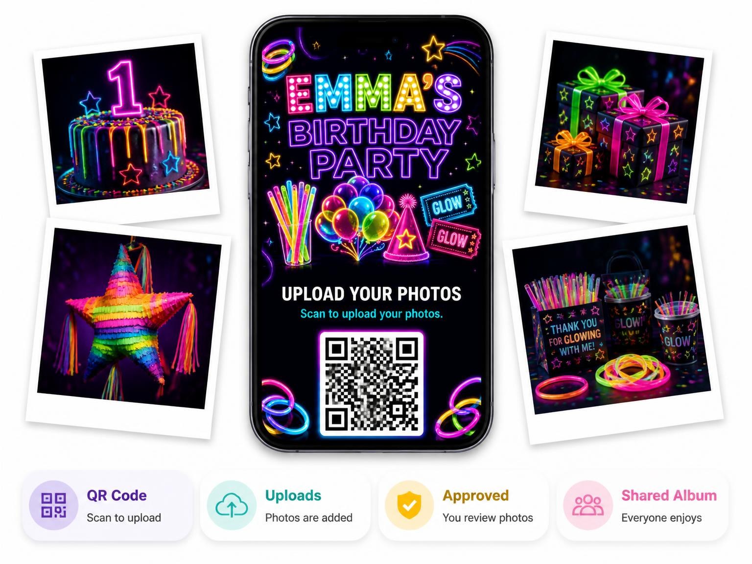 The shared photo gallery that comes with the Neon Glow Party 1st Birthday Invitation invitation