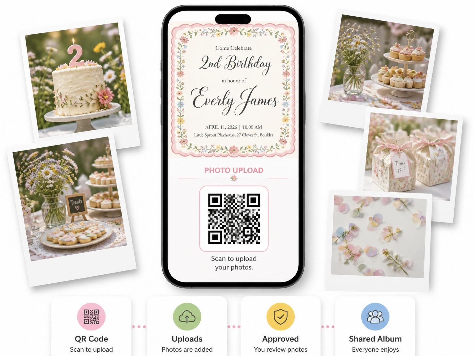 The shared photo gallery that comes with the Pink Scalloped Wildflower 2nd Birthday Invitation invitation