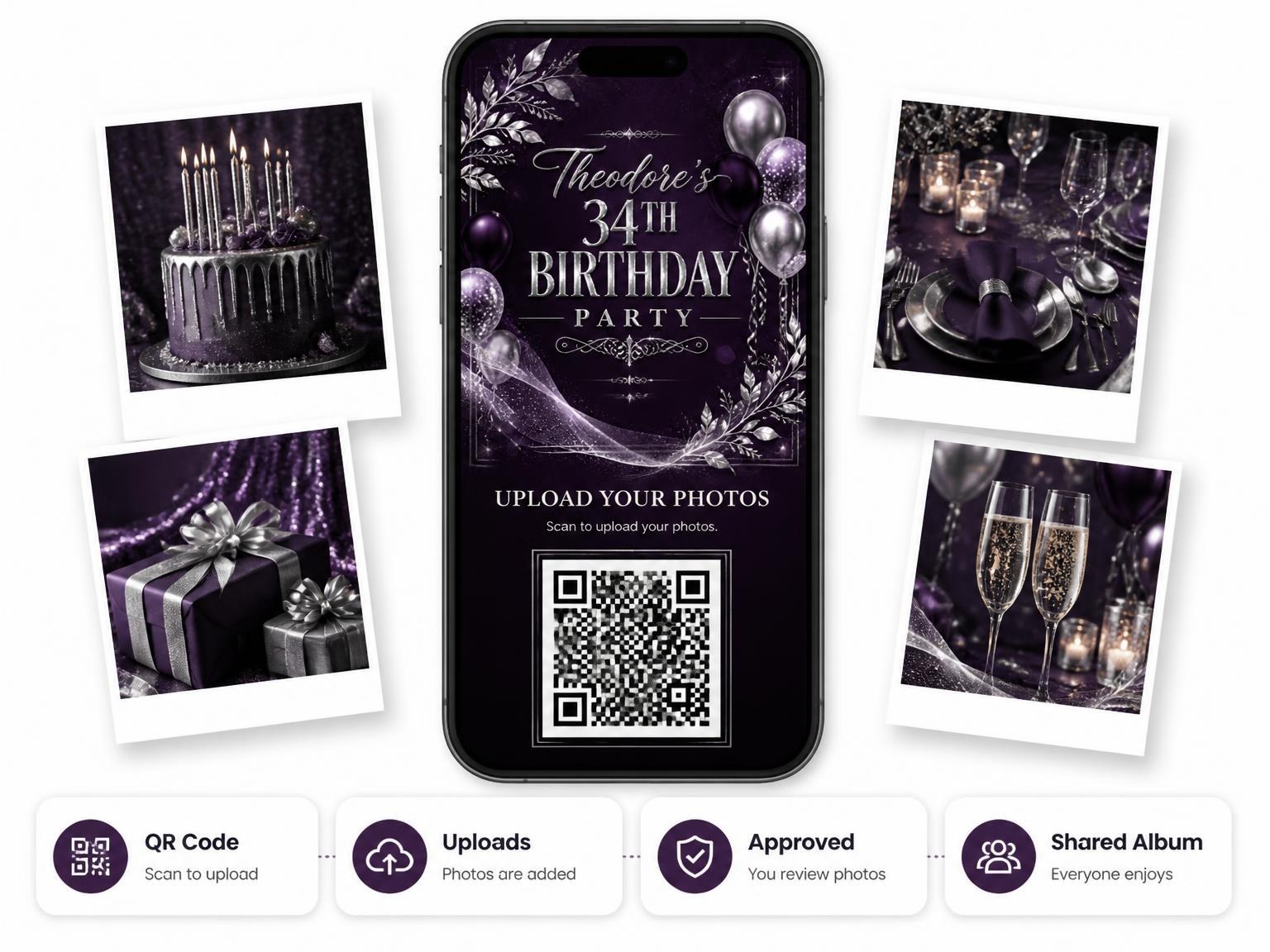 The shared photo gallery that comes with the Plum and Silver 34th Birthday Invitation invitation