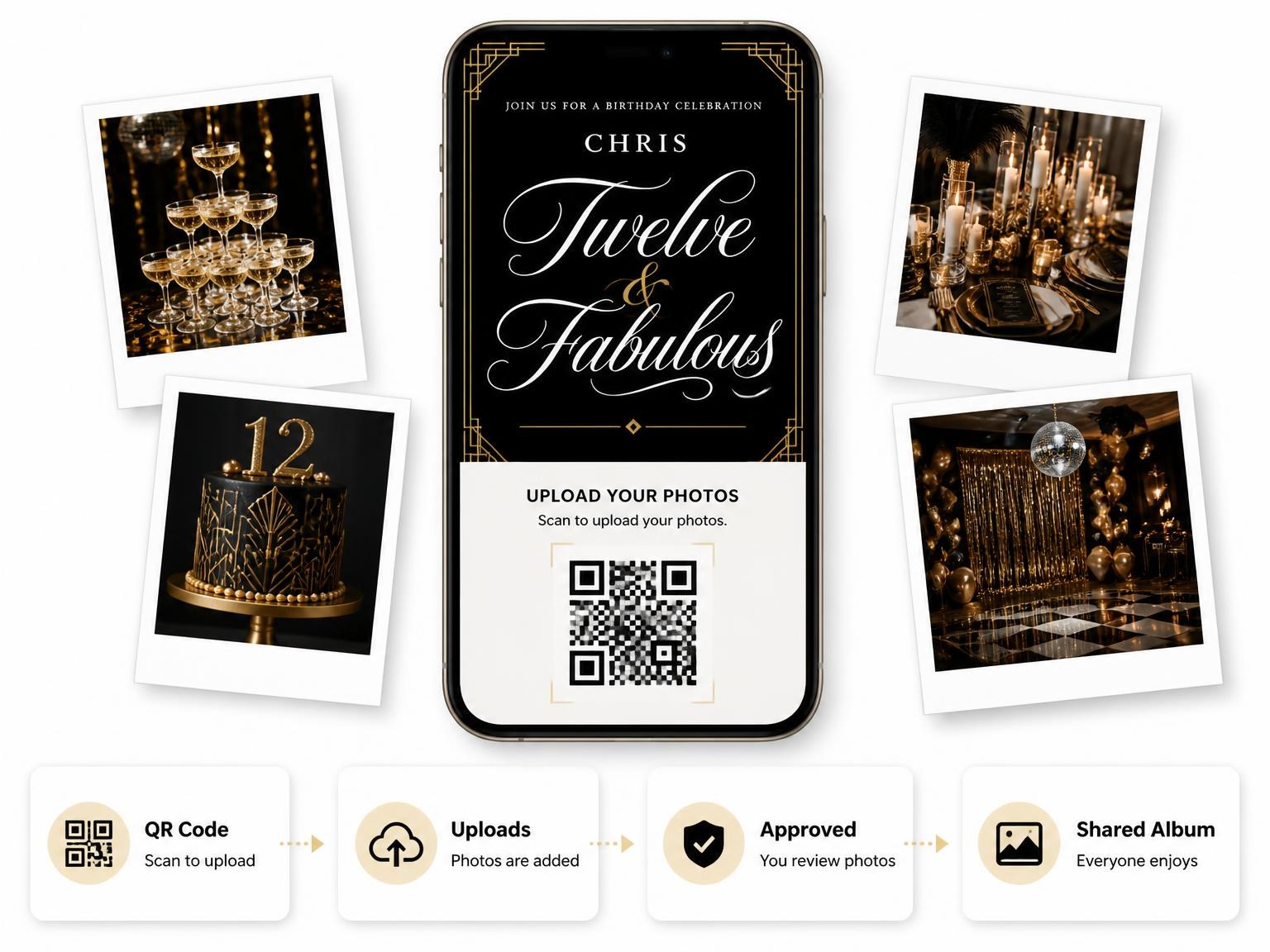 The shared photo gallery that comes with the Art Deco 12th Birthday Invitation invitation