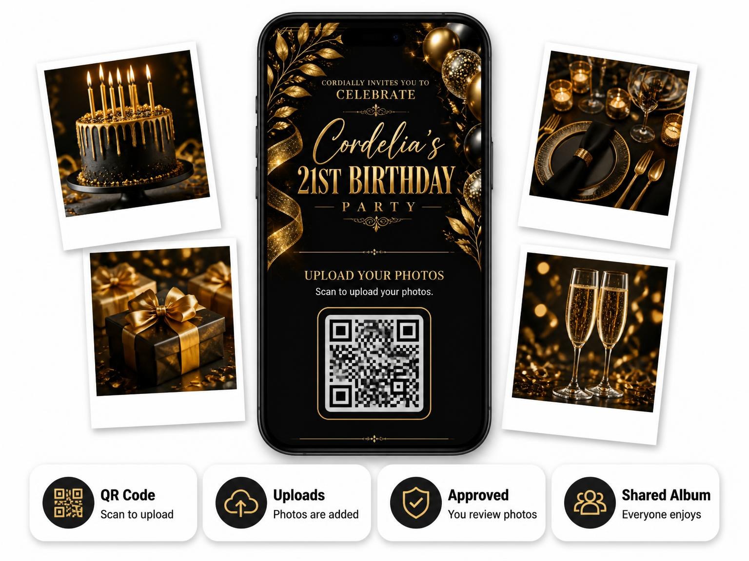 The shared photo gallery that comes with the Black and Gold 21st Birthday Invitation invitation