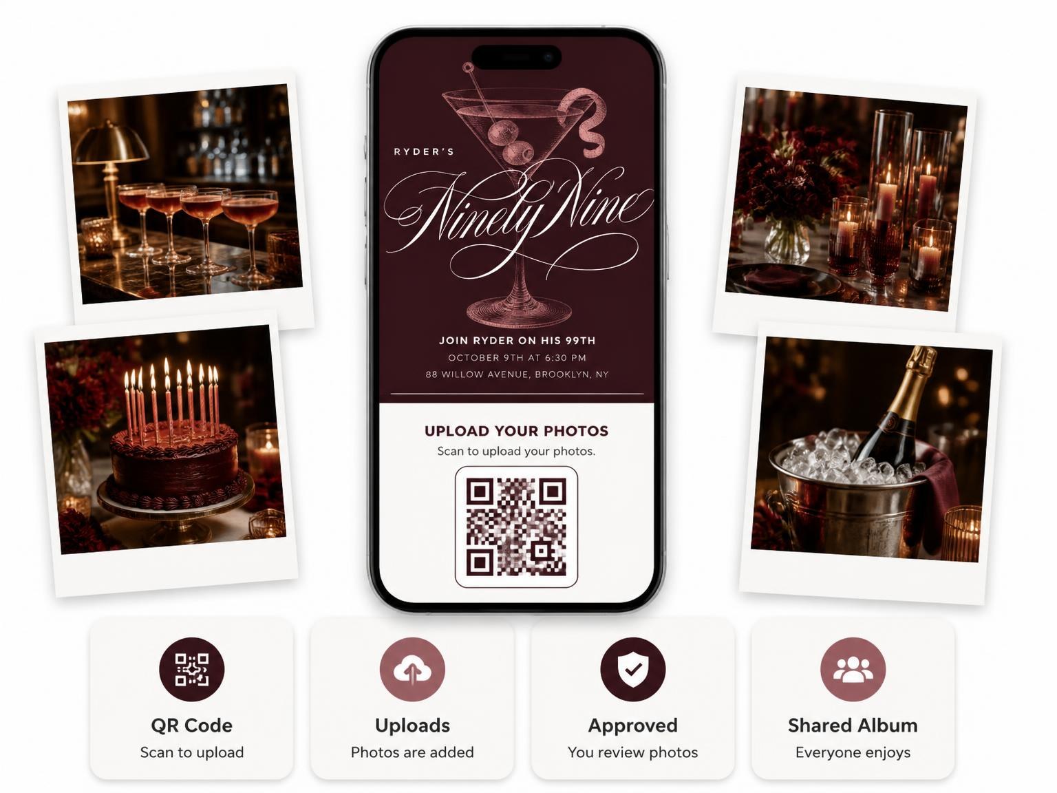 The shared photo gallery that comes with the Burgundy Cocktail 99th Birthday Invitation invitation