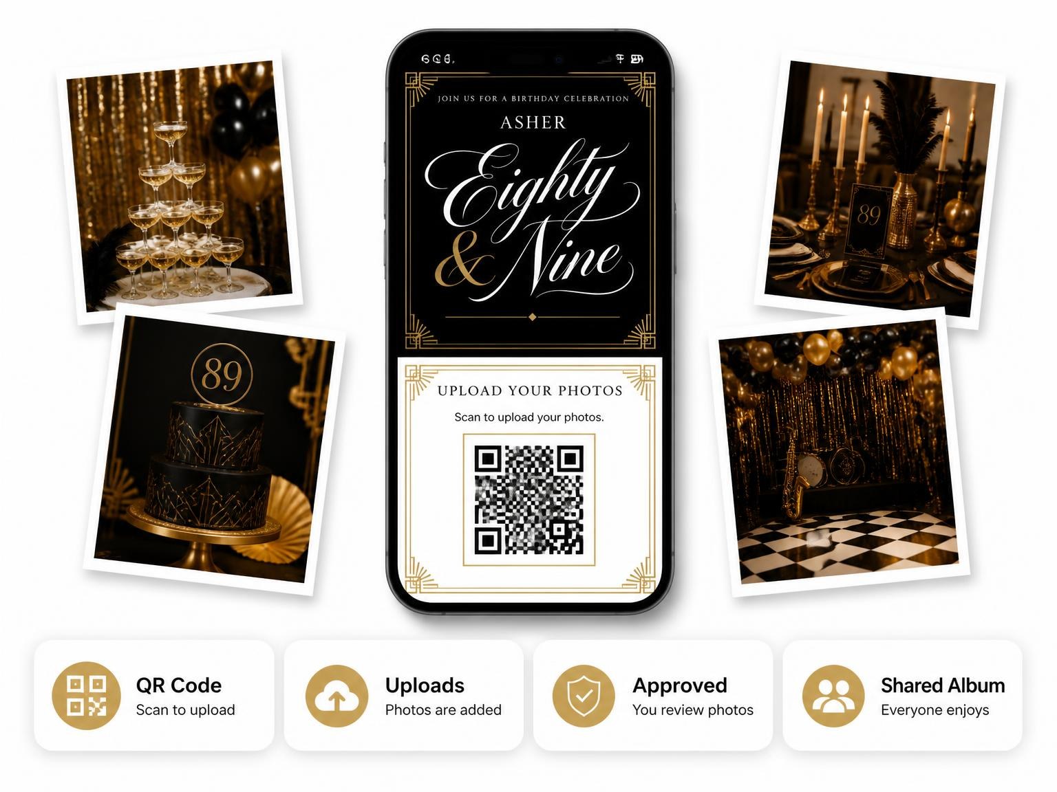 The shared photo gallery that comes with the Art Deco 89th Birthday Invitation invitation