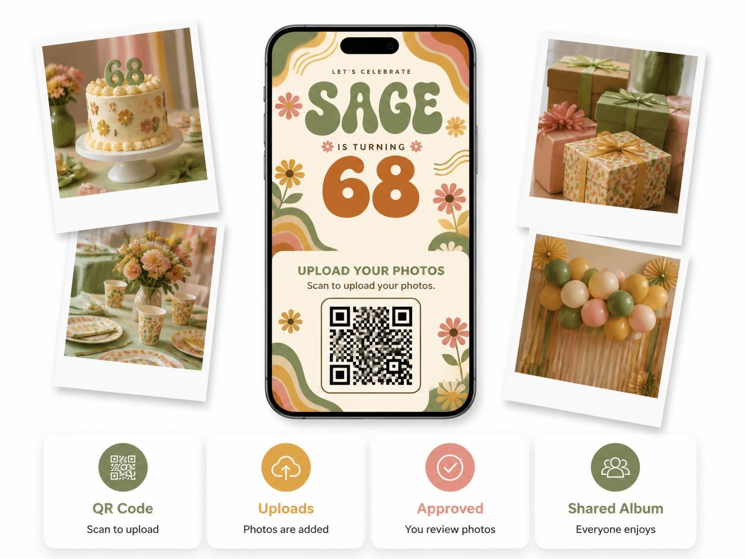 The shared photo gallery that comes with the Groovy Retro 68th Birthday Invitation invitation