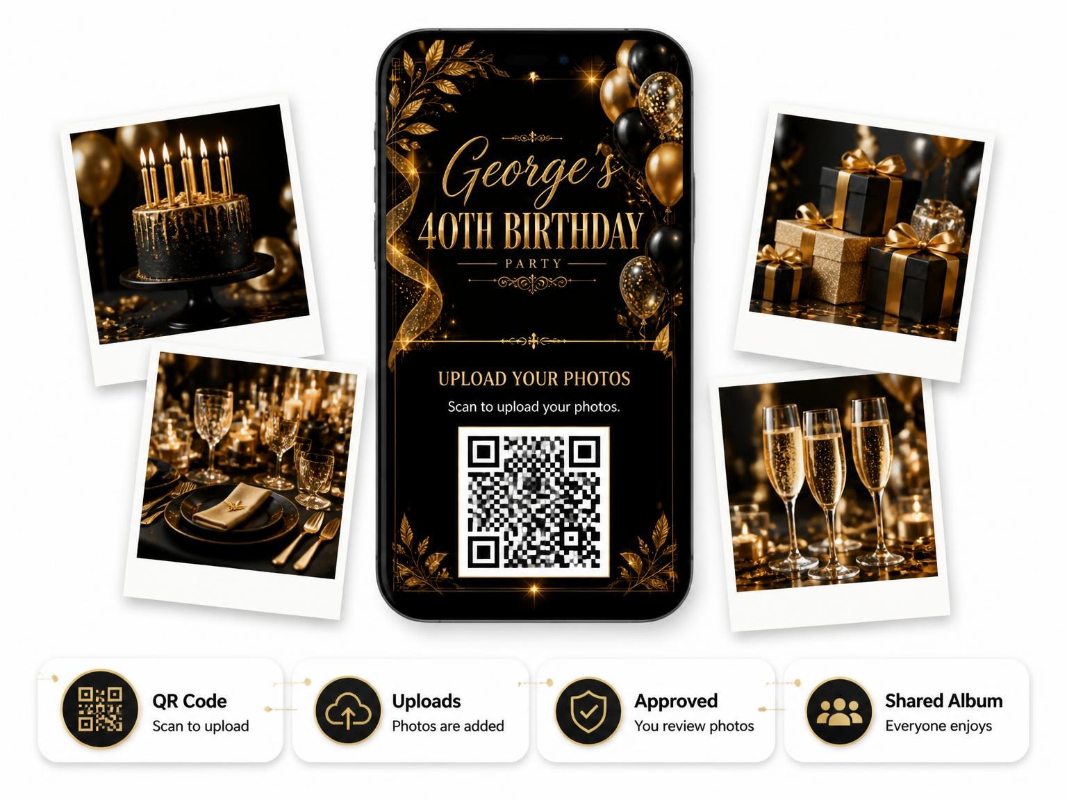 The shared photo gallery that comes with the Black and Gold 40th Birthday Invitation invitation
