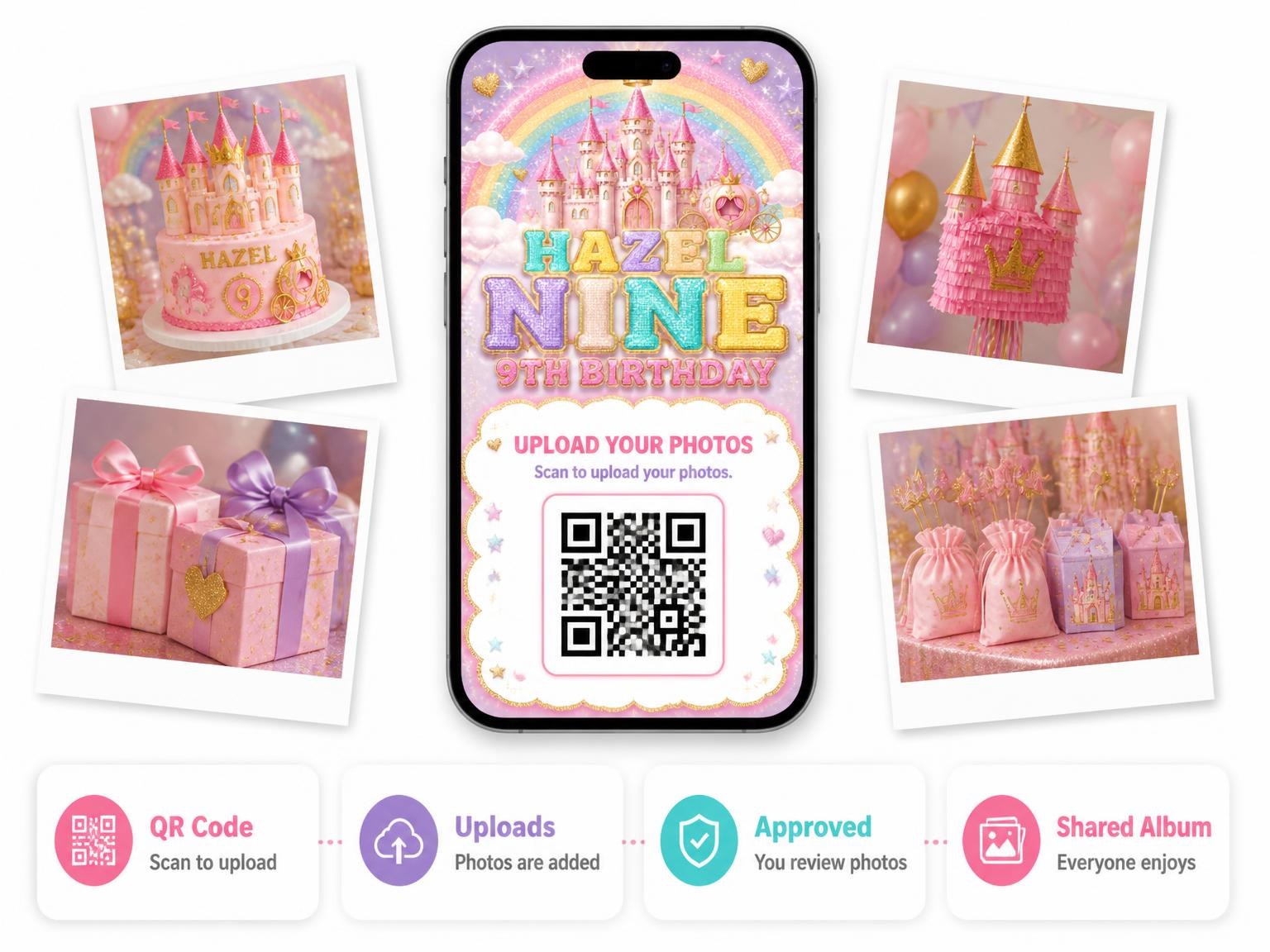 The shared photo gallery that comes with the Glitter Princess Castle 9th Birthday Invitation invitation