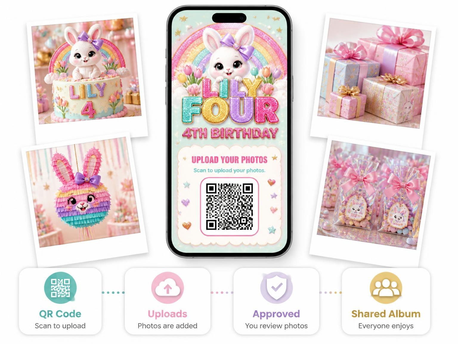 The shared photo gallery that comes with the Glitter Sparkle Bunny 4th Birthday Invitation invitation