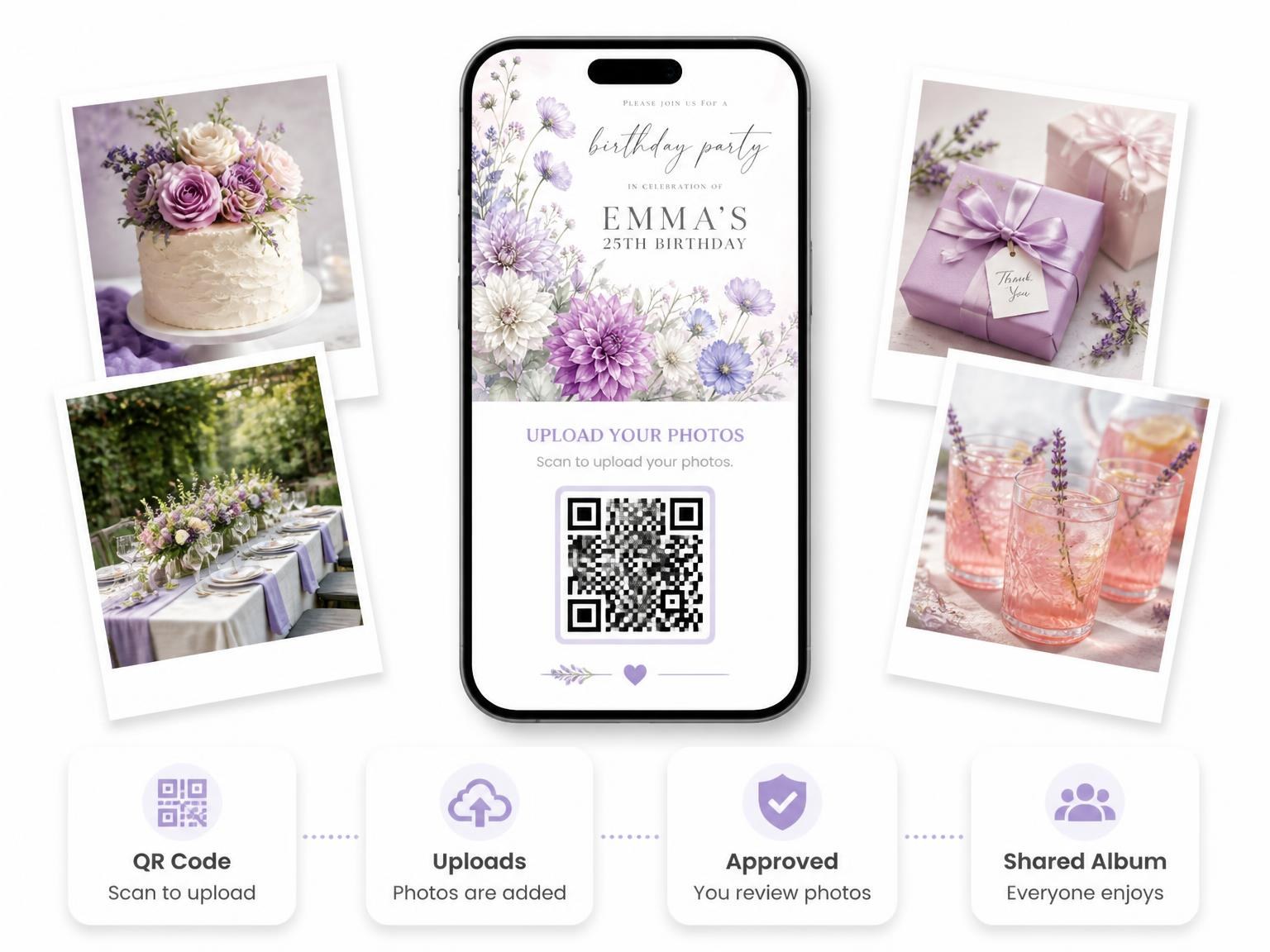 The shared photo gallery that comes with the Lavender Dahlia Bouquet 25th Birthday Invitation invitation