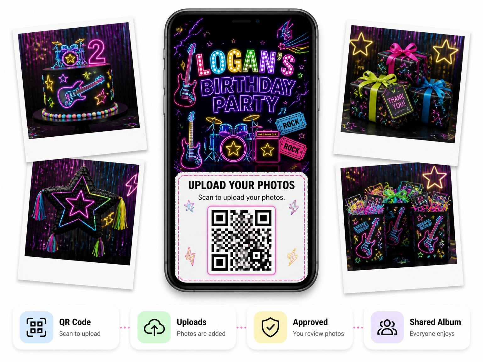 The shared photo gallery that comes with the Neon Rock Star 2nd Birthday Invitation invitation