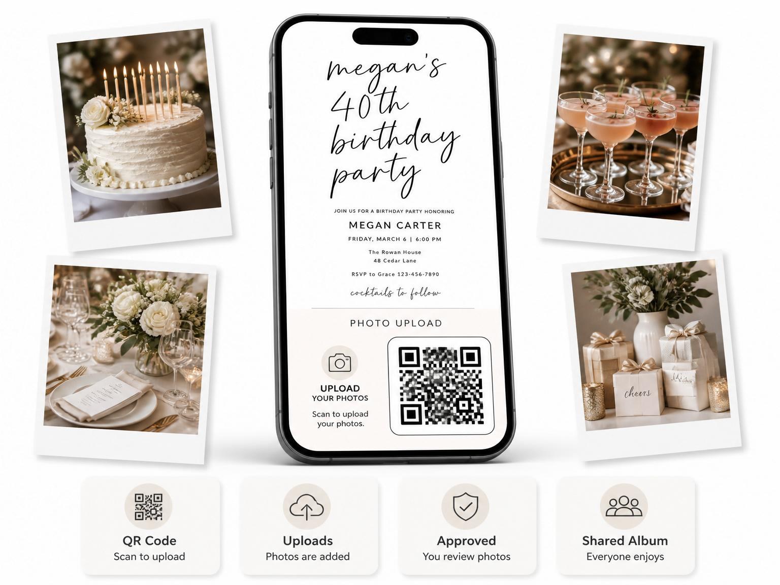 The shared photo gallery that comes with the Minimalist Black and White 40th Birthday Invitation invitation