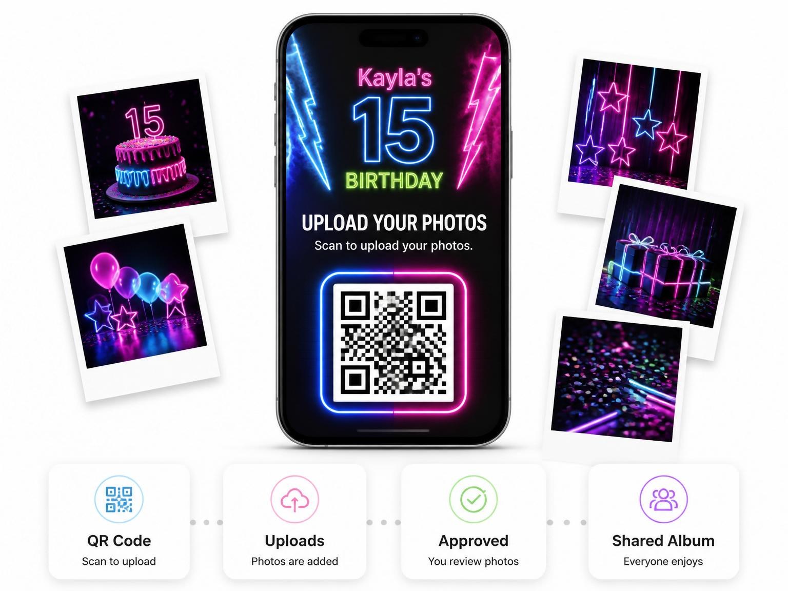 The shared photo gallery that comes with the Electric Neon 15th Birthday Party invitation