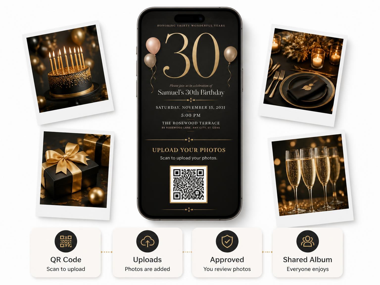 The shared photo gallery that comes with the Charcoal and Blush 30th Birthday Invitation invitation
