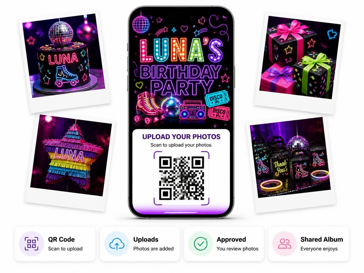 The shared photo gallery that comes with the Neon Roller Disco 13th Birthday Invitation invitation