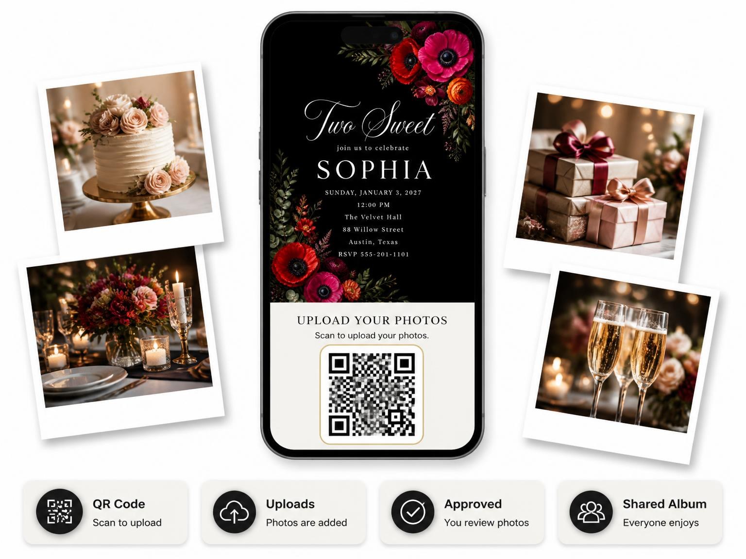 The shared photo gallery that comes with the Black Floral 2nd Birthday Invitation invitation