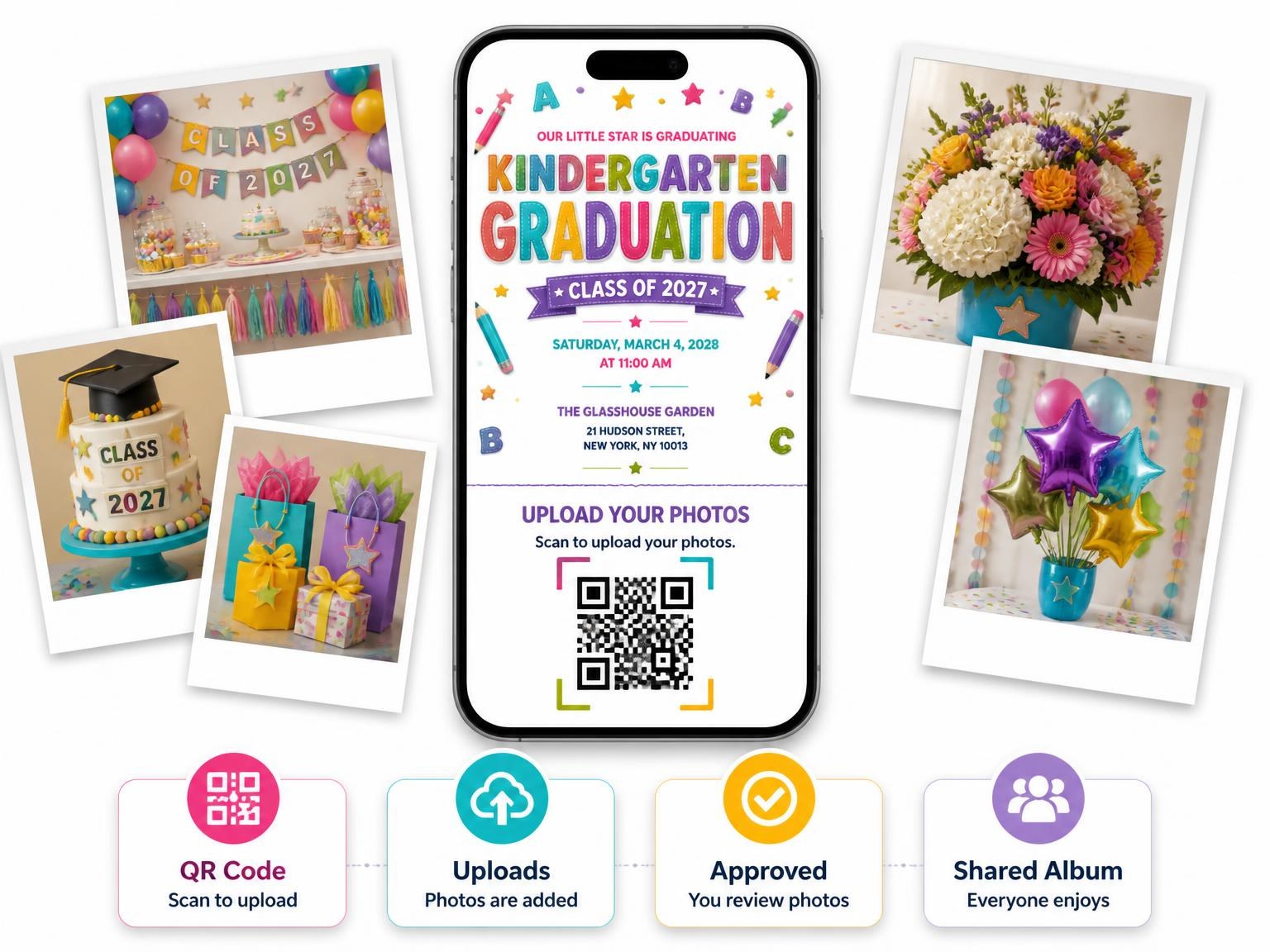 The shared photo gallery that comes with the Teddy Bear Kindergarten Graduation Invitation invitation