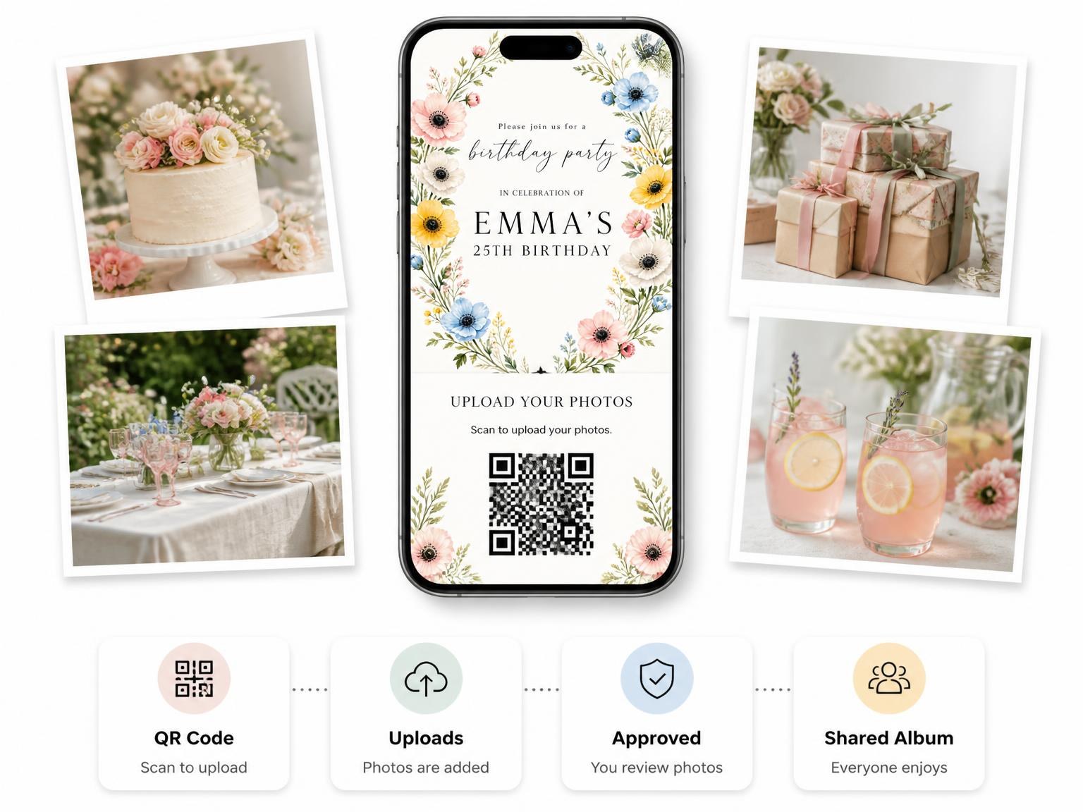 The shared photo gallery that comes with the Spring Arch Wreath 25th Birthday Invitation invitation