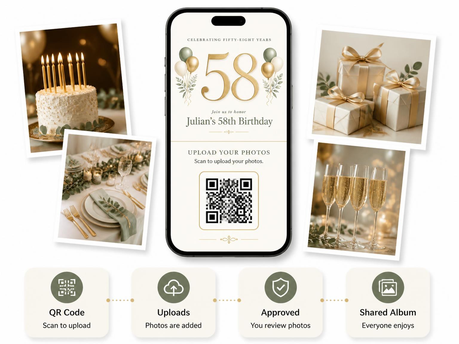 The shared photo gallery that comes with the Sage and Ivory 58th Birthday Invitation invitation