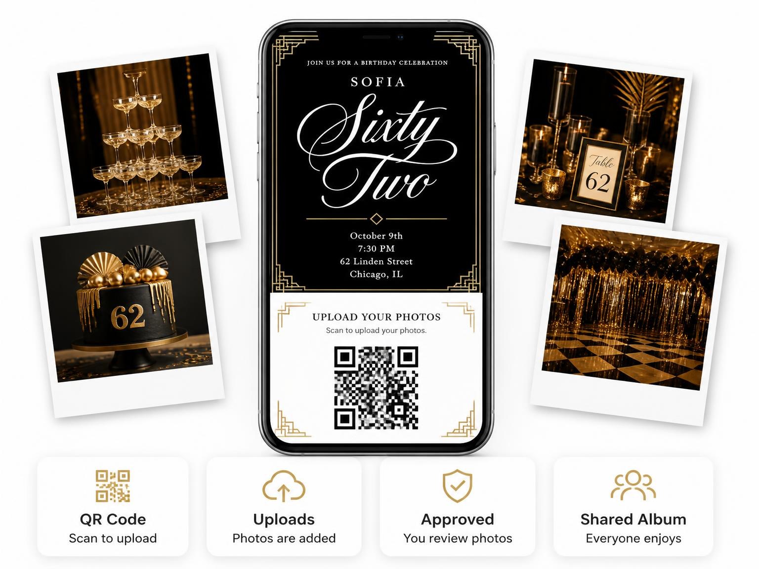 The shared photo gallery that comes with the Art Deco 62nd Birthday Invitation invitation