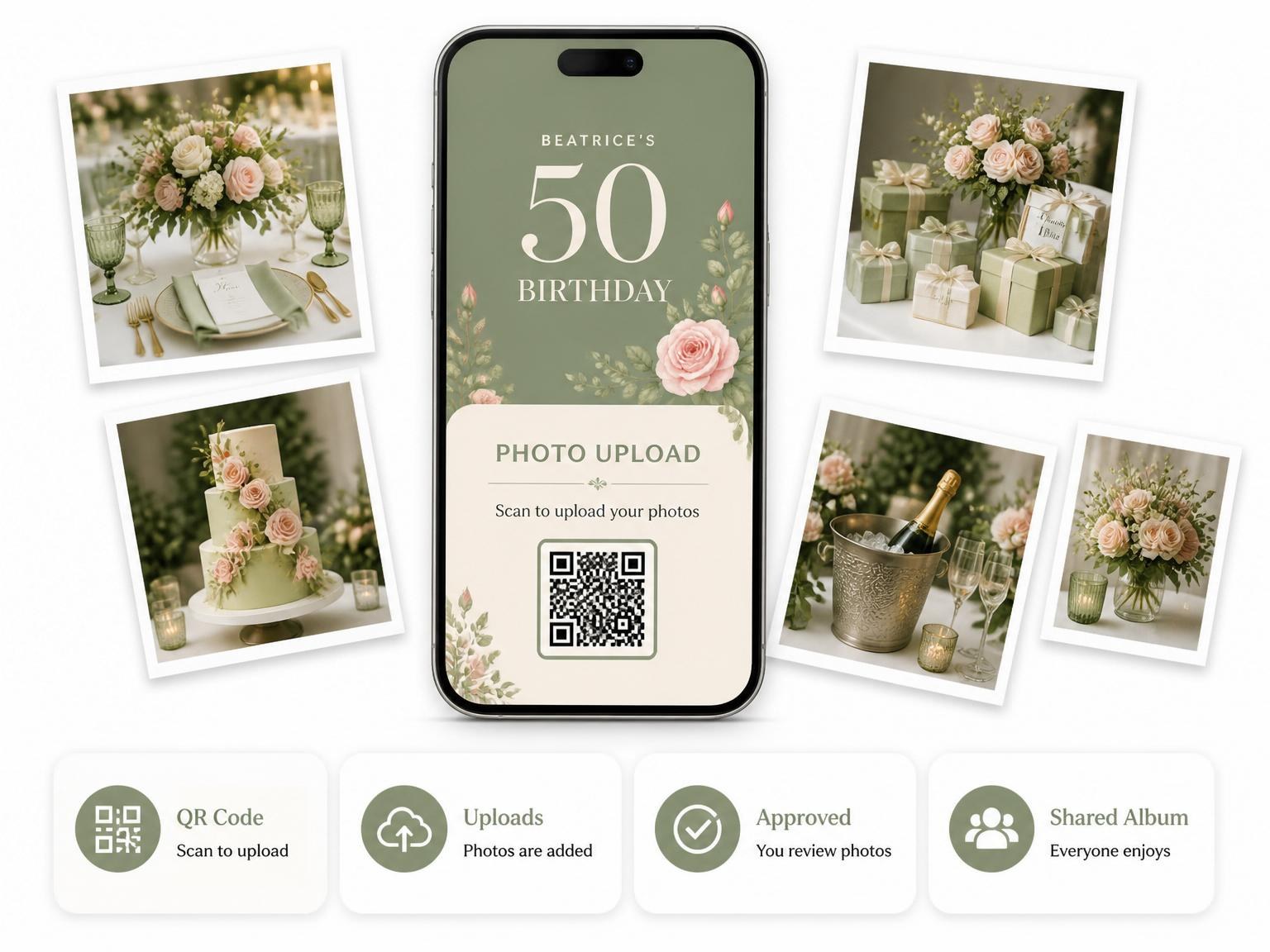 The shared photo gallery that comes with the Sage Green Rose 50th Birthday invitation