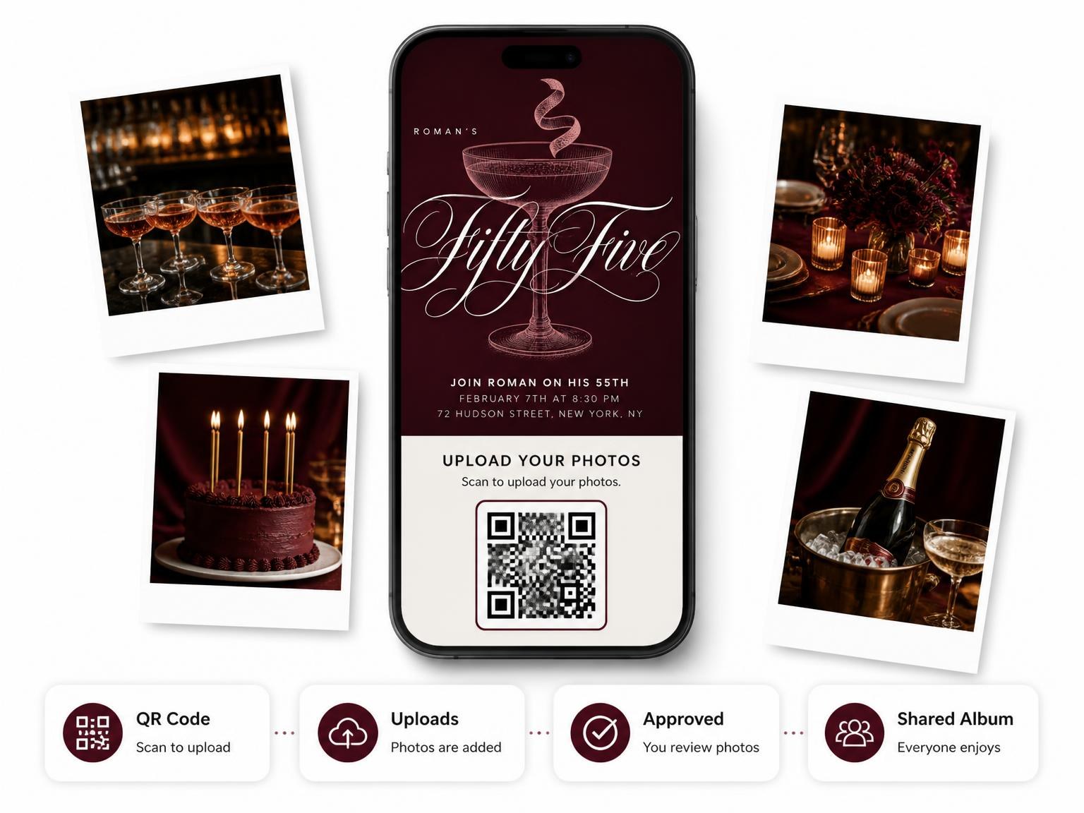 The shared photo gallery that comes with the Burgundy Cocktail 55th Birthday Invitation invitation