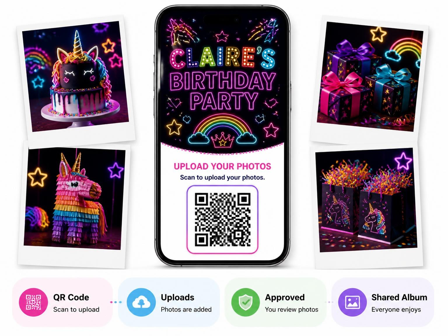 The shared photo gallery that comes with the Neon Unicorn 20th Birthday Invitation invitation