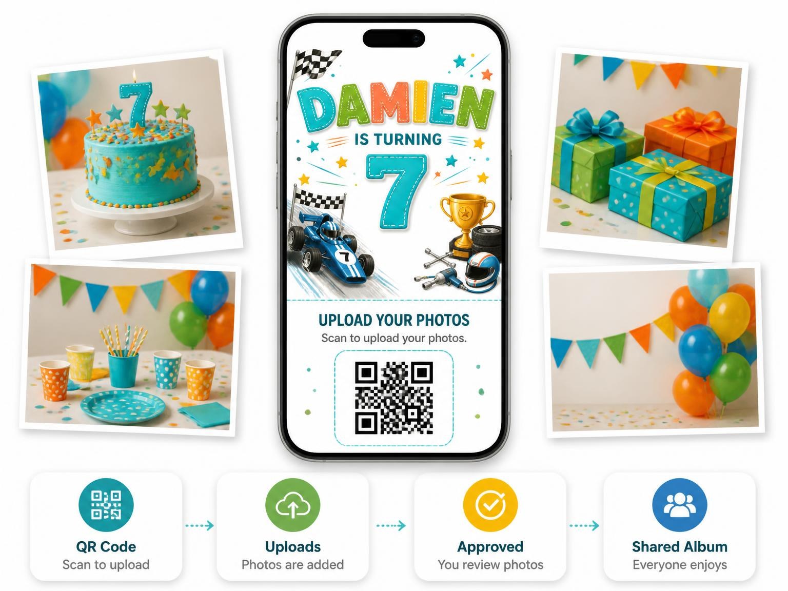 The shared photo gallery that comes with the Checkered Flags 7th Birthday Invitation invitation