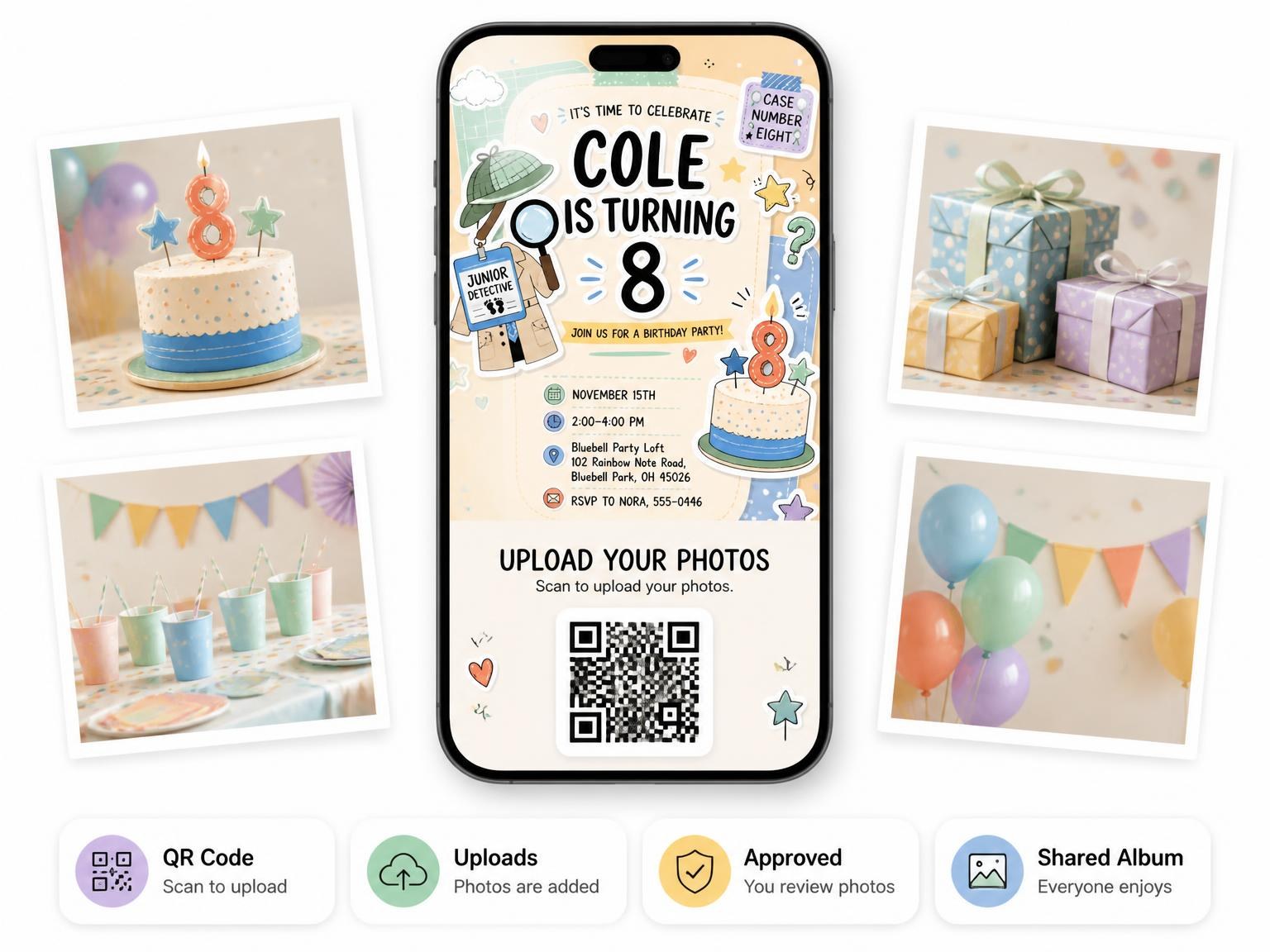 The shared photo gallery that comes with the Detective Outfit Pastel 8th Birthday Invitation invitation