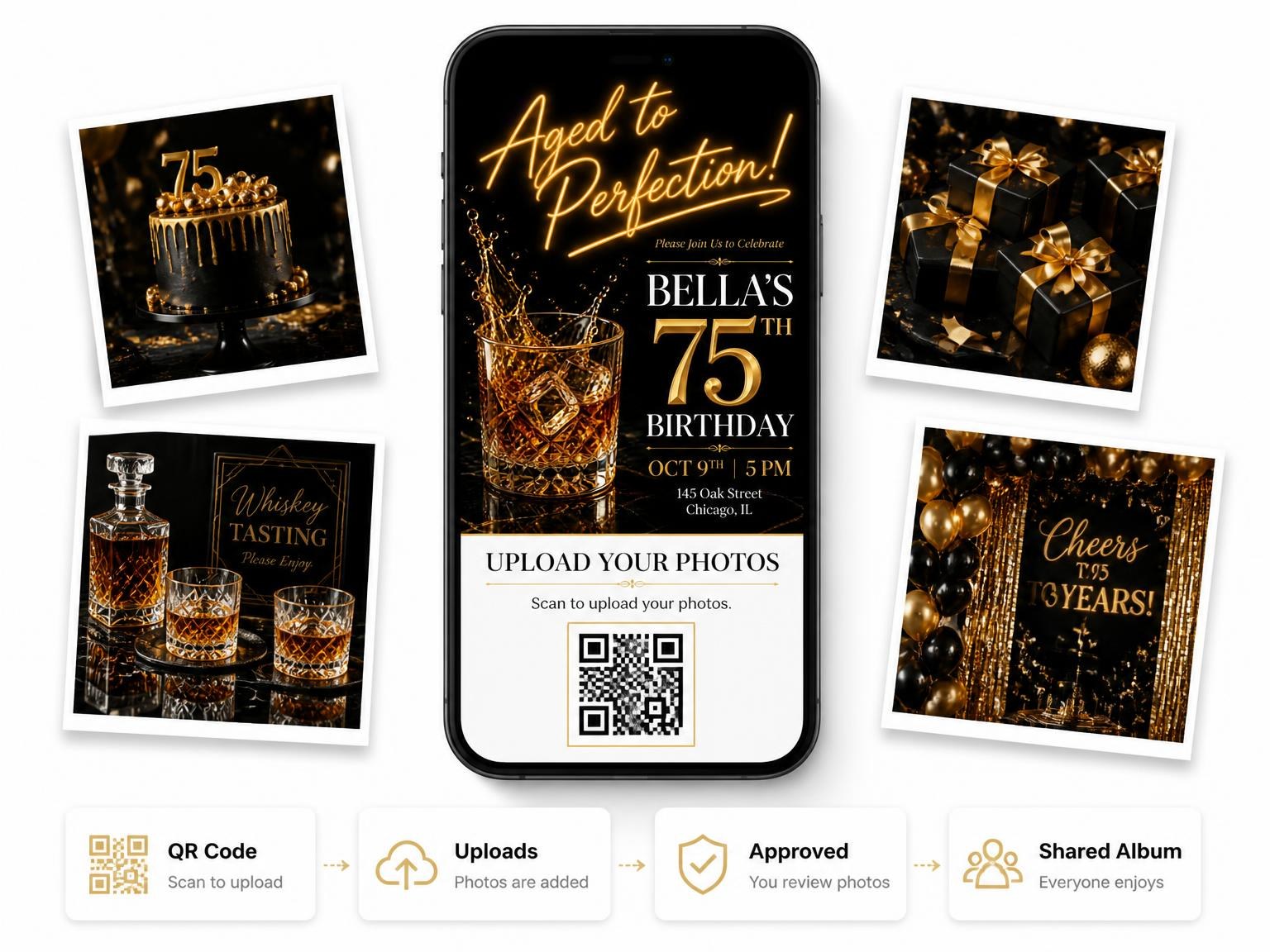 The shared photo gallery that comes with the Whiskey Rocks 75th Birthday Invitation invitation