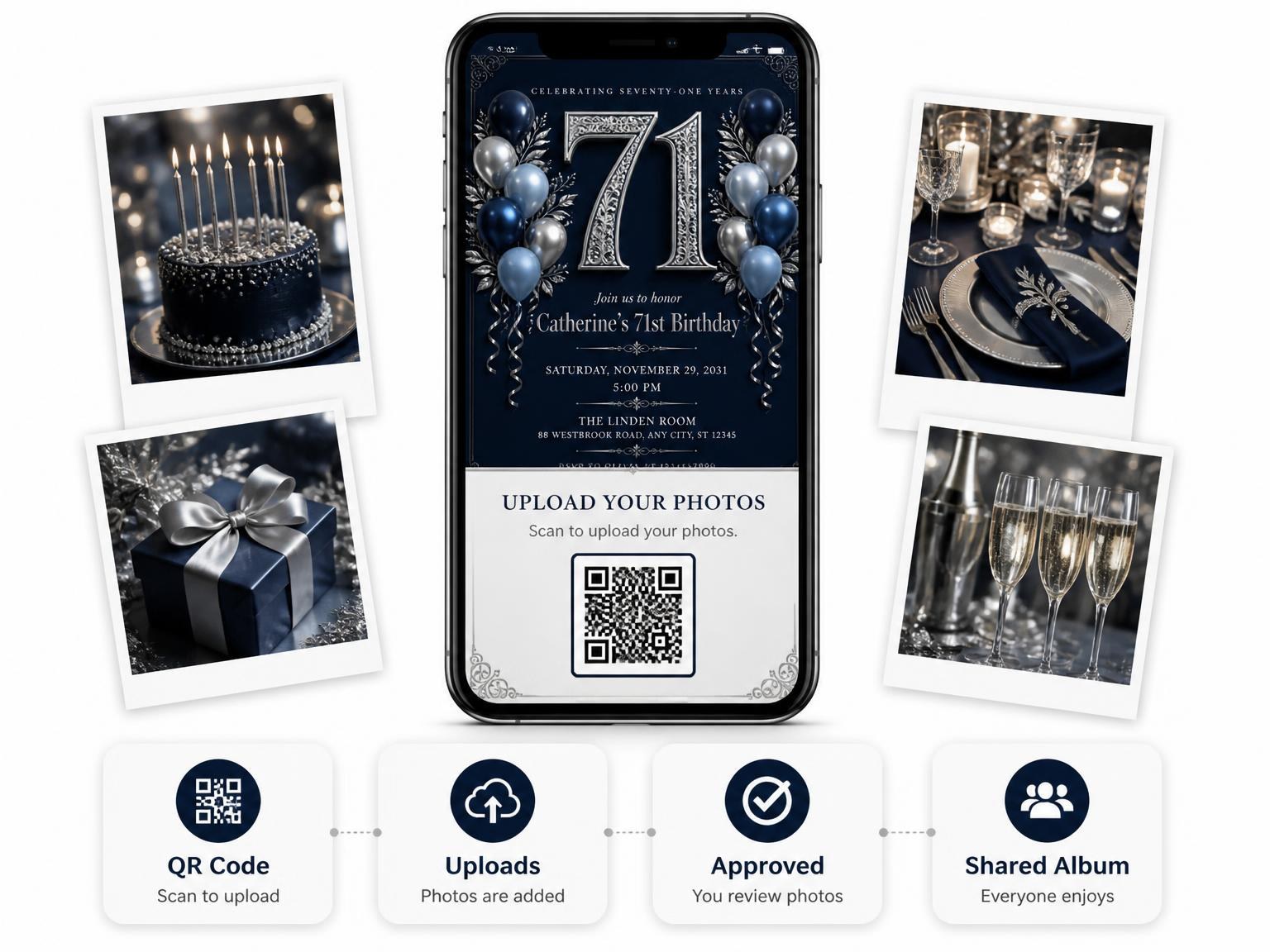 The shared photo gallery that comes with the Navy and Silver 71st Birthday Invitation invitation
