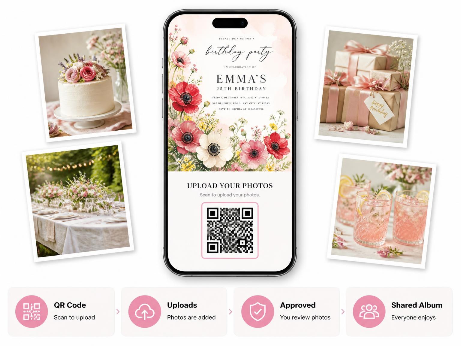 The shared photo gallery that comes with the Floral Scarlet 25th Birthday Invitation invitation