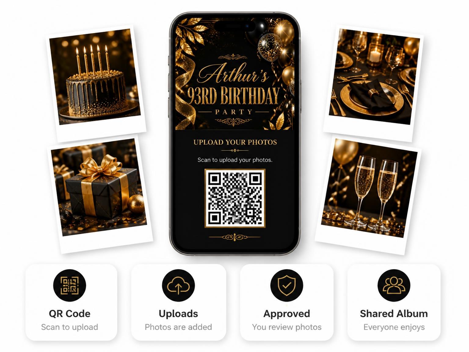 The shared photo gallery that comes with the Black and Gold 93rd Birthday Invitation invitation