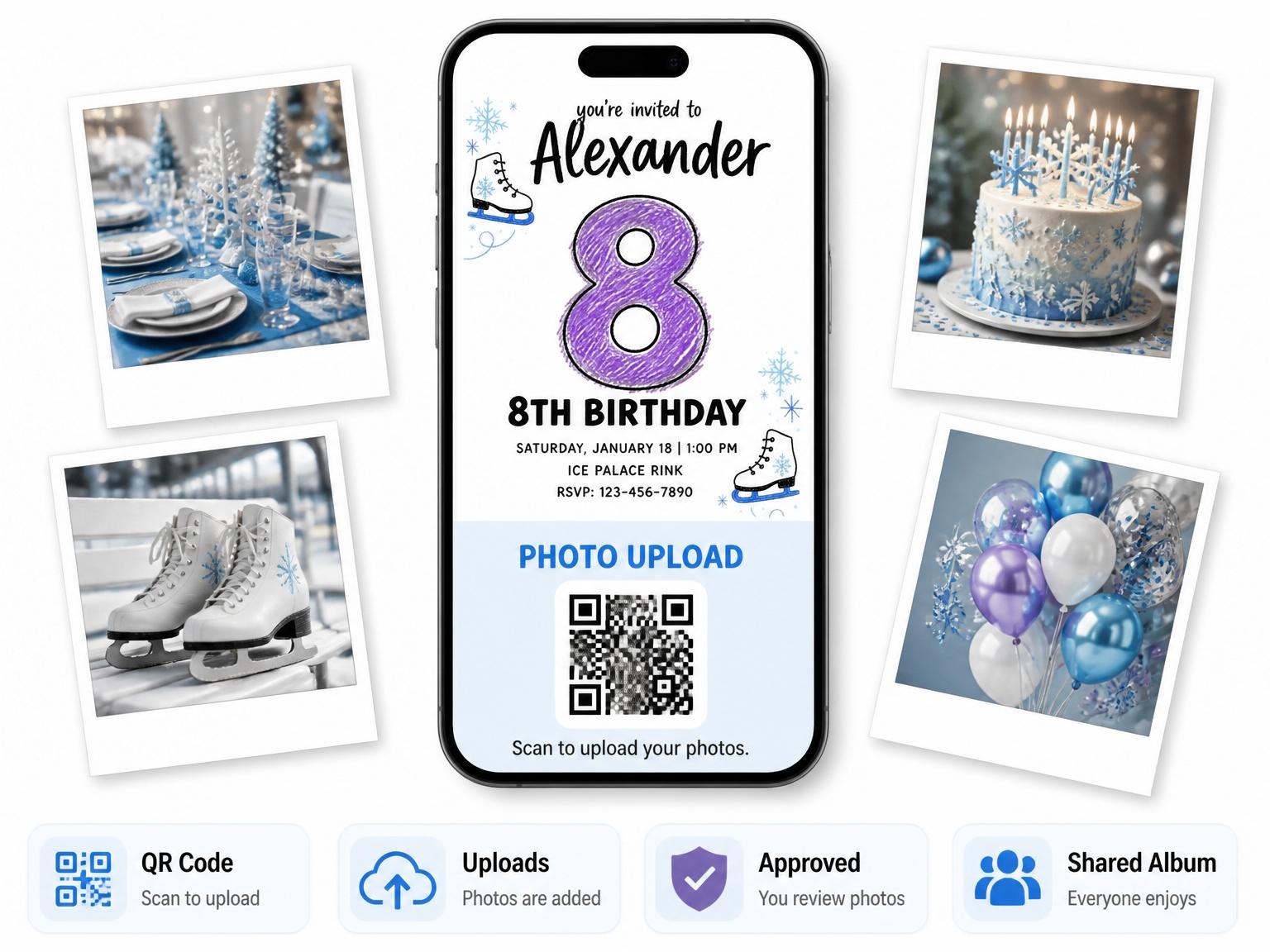 The shared photo gallery that comes with the Purple Crayon Ice Skate 8th Birthday invitation