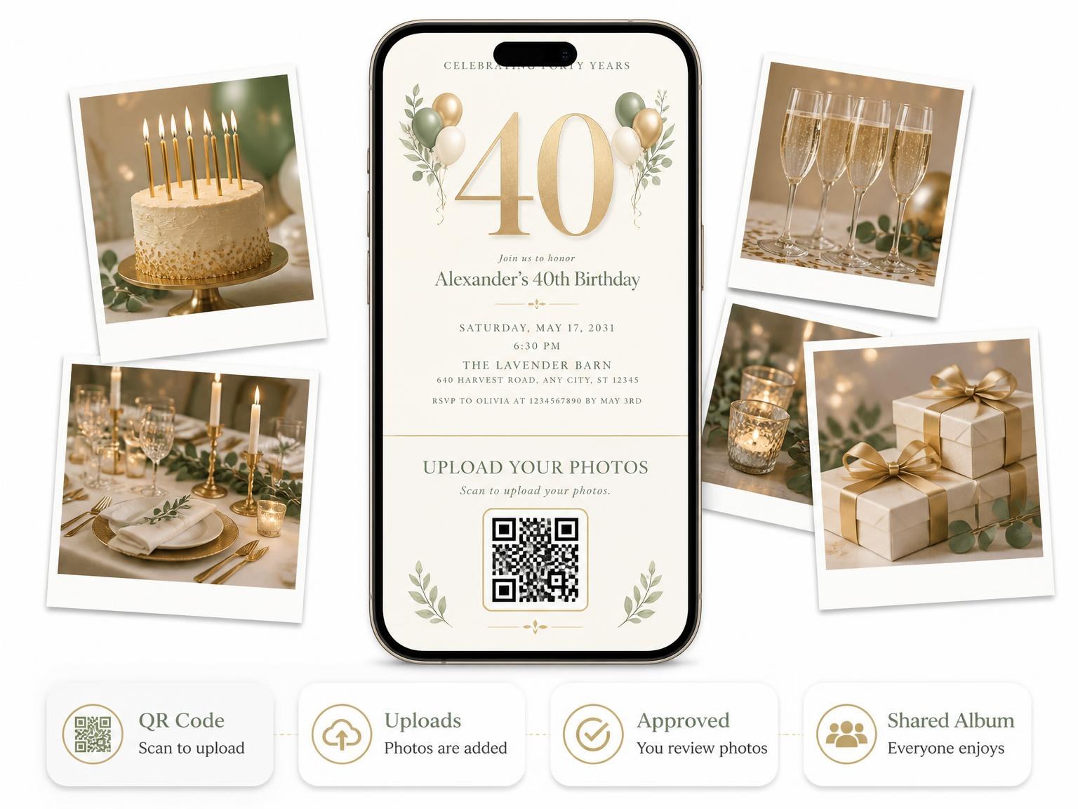 The shared photo gallery that comes with the Sage and Ivory 40th Birthday Invitation invitation