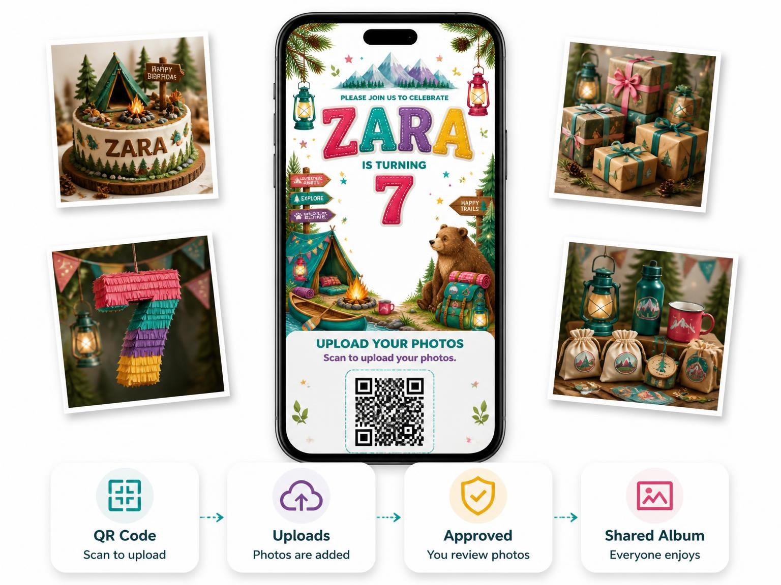 The shared photo gallery that comes with the Stitched Camping 7th Birthday Invitation invitation