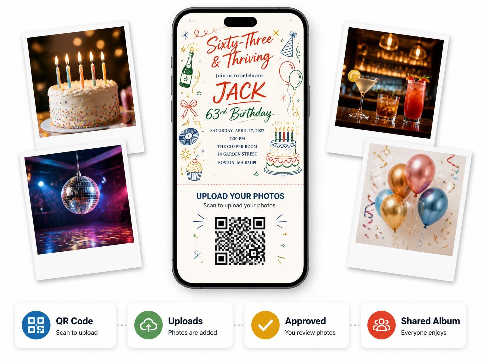 The shared photo gallery that comes with the Retro Doodle 63rd Birthday Invitation invitation