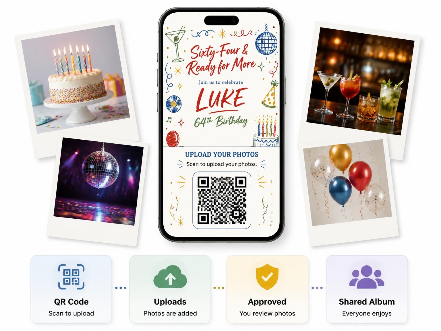 The shared photo gallery that comes with the Retro Doodle 64th Birthday Invitation invitation