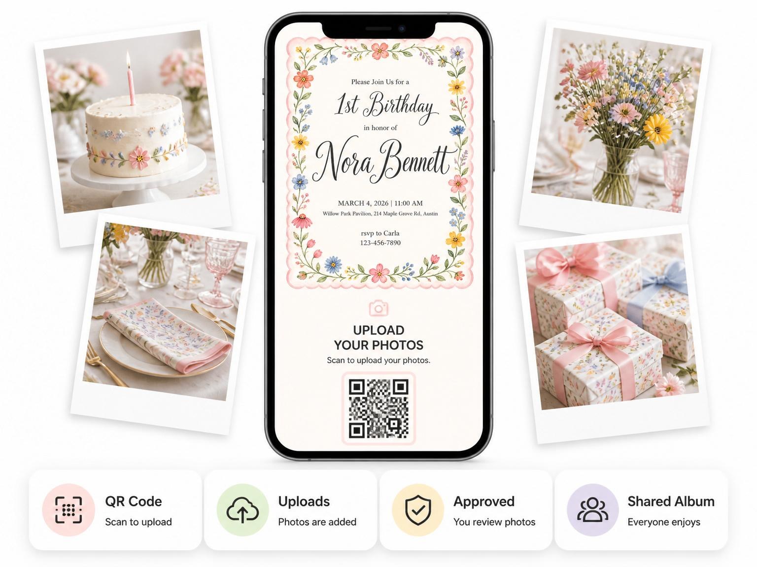 The shared photo gallery that comes with the Watercolor Floral Scalloped 1st Birthday invitation