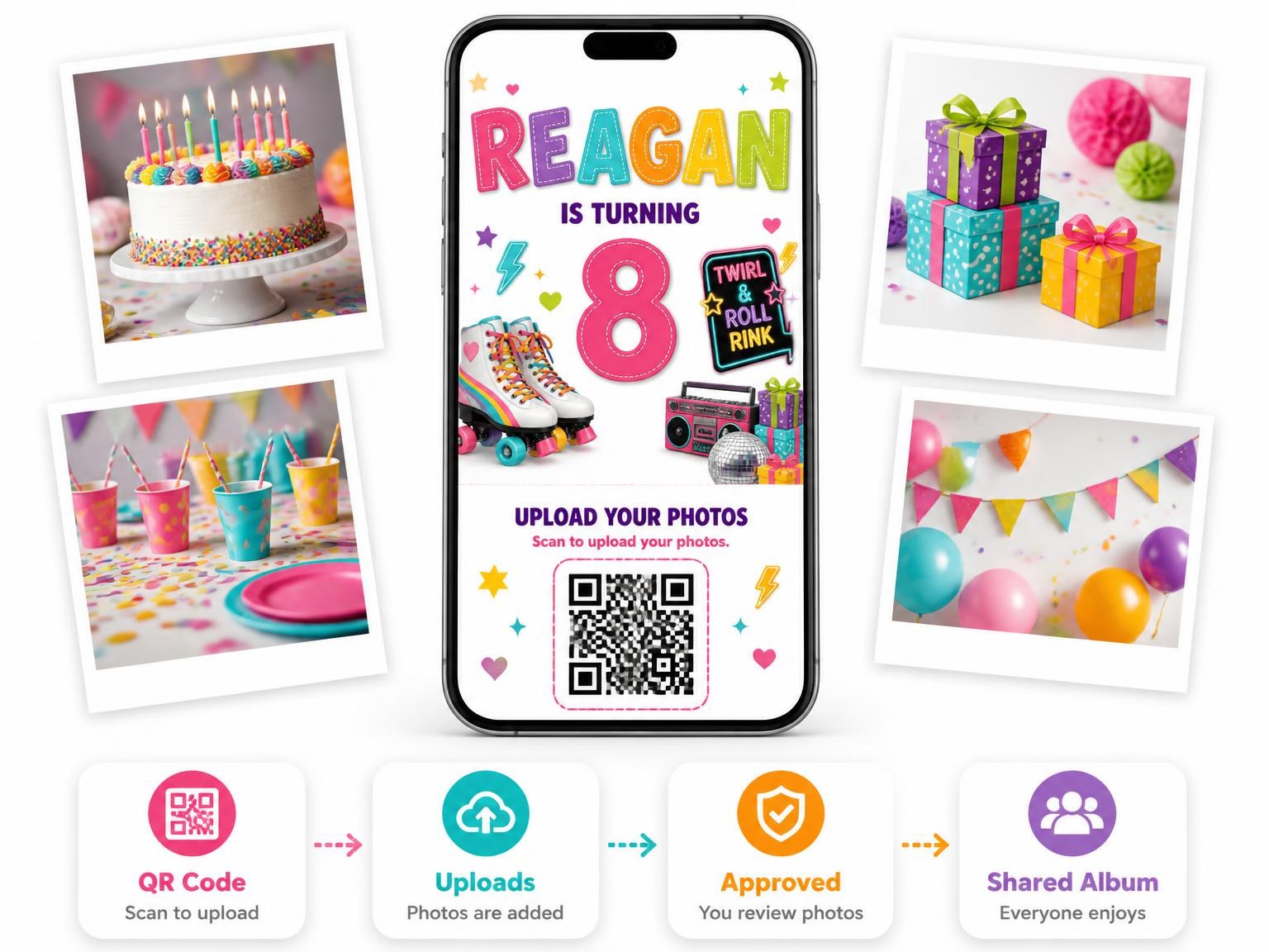 The shared photo gallery that comes with the Arrow Sign Stitched 8th Birthday Invitation invitation