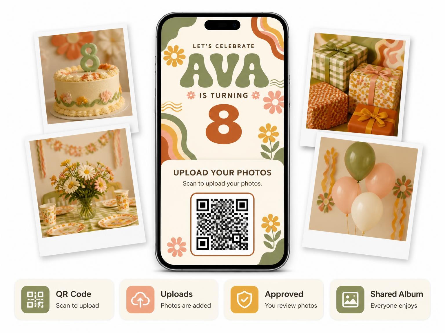 The shared photo gallery that comes with the Groovy Retro 8th Birthday Invitation invitation