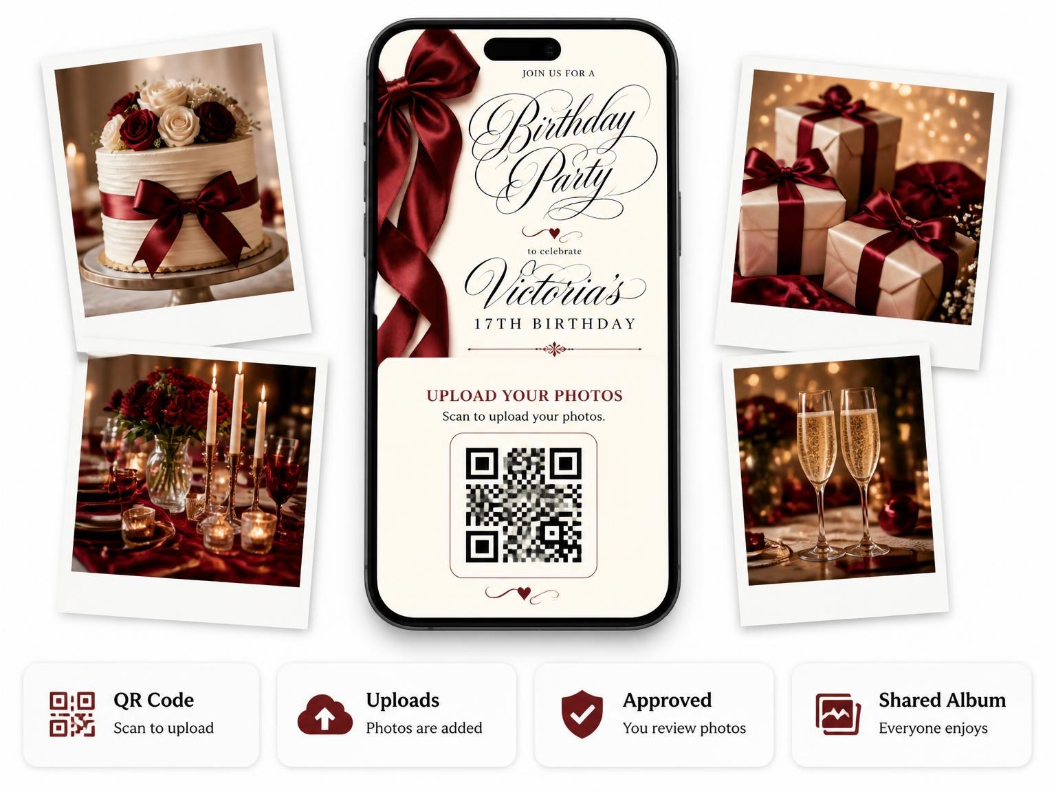 The shared photo gallery that comes with the Burgundy Satin Bow 17th Birthday Invitation invitation