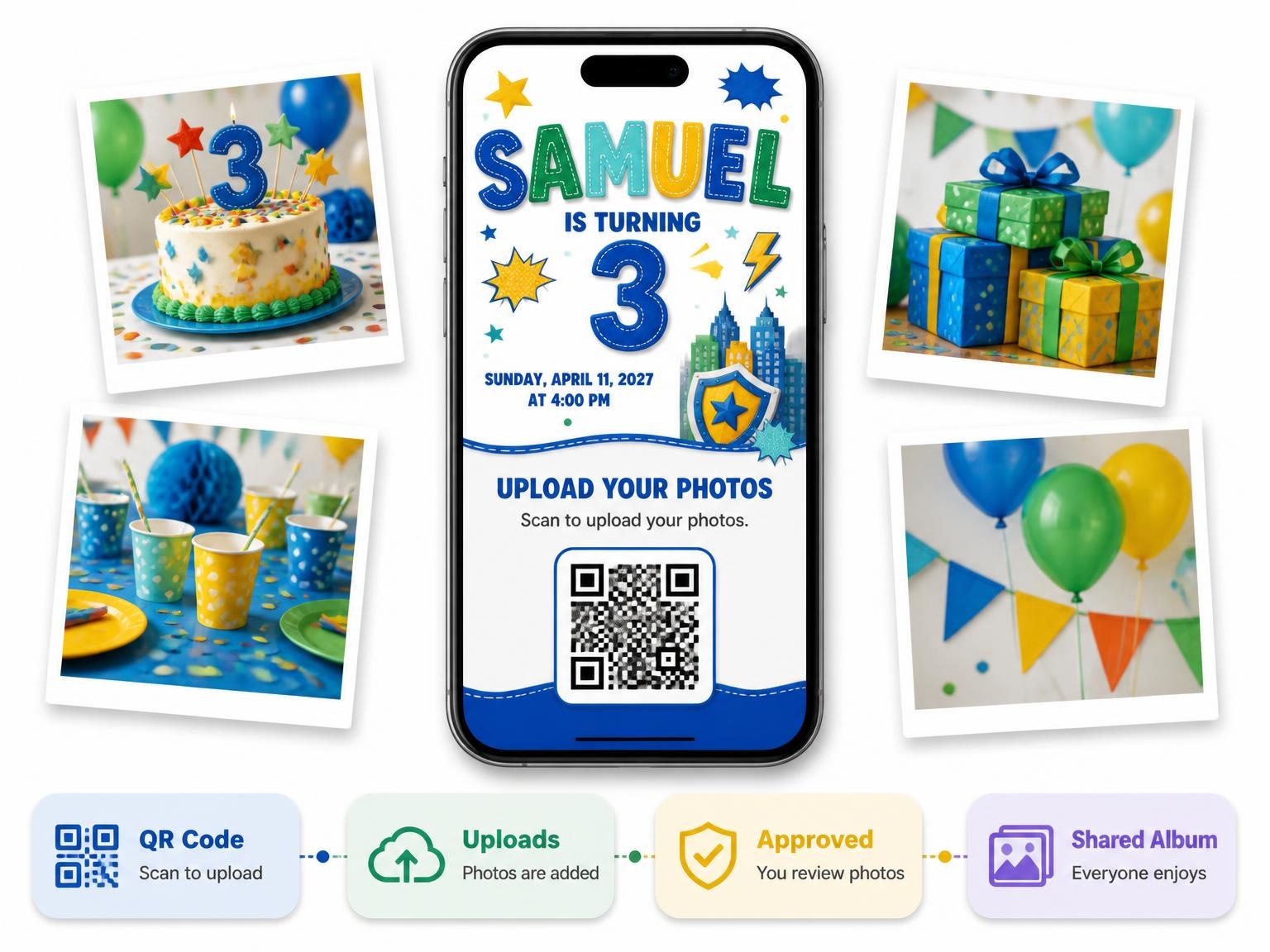 The shared photo gallery that comes with the Superhero Shield 3rd Birthday Invitation invitation