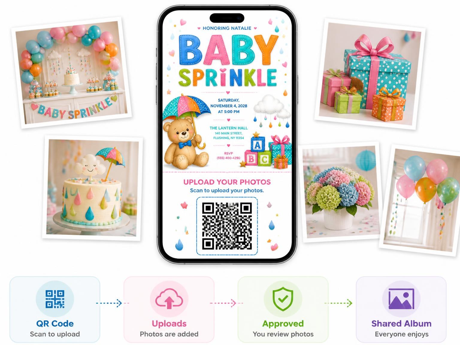 The shared photo gallery that comes with the Teddy Bear Baby Sprinkle Invitation invitation
