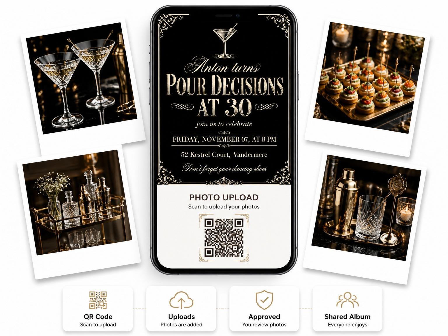 The shared photo gallery that comes with the Chalkboard Martini 30th Birthday Invitation invitation