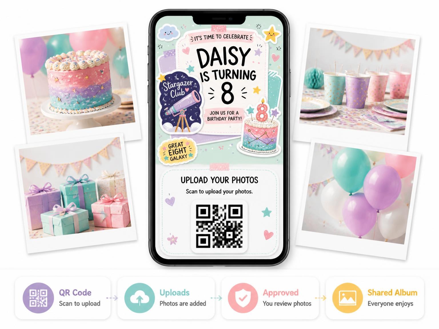 The shared photo gallery that comes with the Telescope Badge Pastel 8th Birthday Invitation invitation