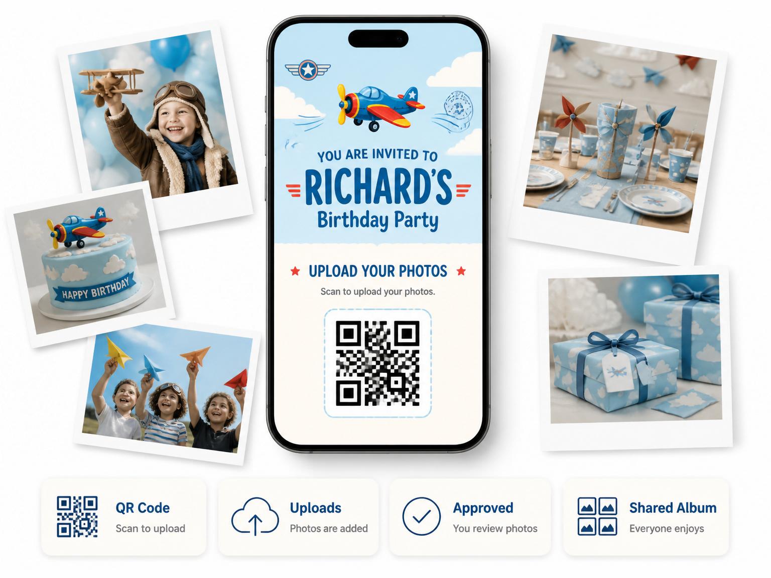 The shared photo gallery that comes with the Soaring Airplane Birthday Party invitation
