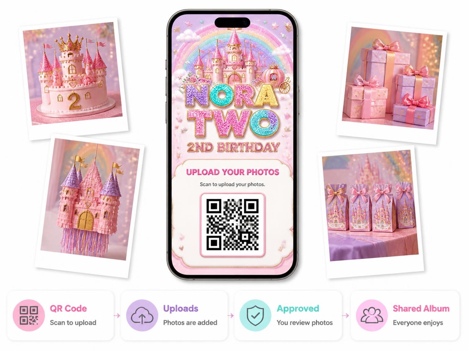 The shared photo gallery that comes with the Glitter Princess Castle 2nd Birthday Invitation invitation