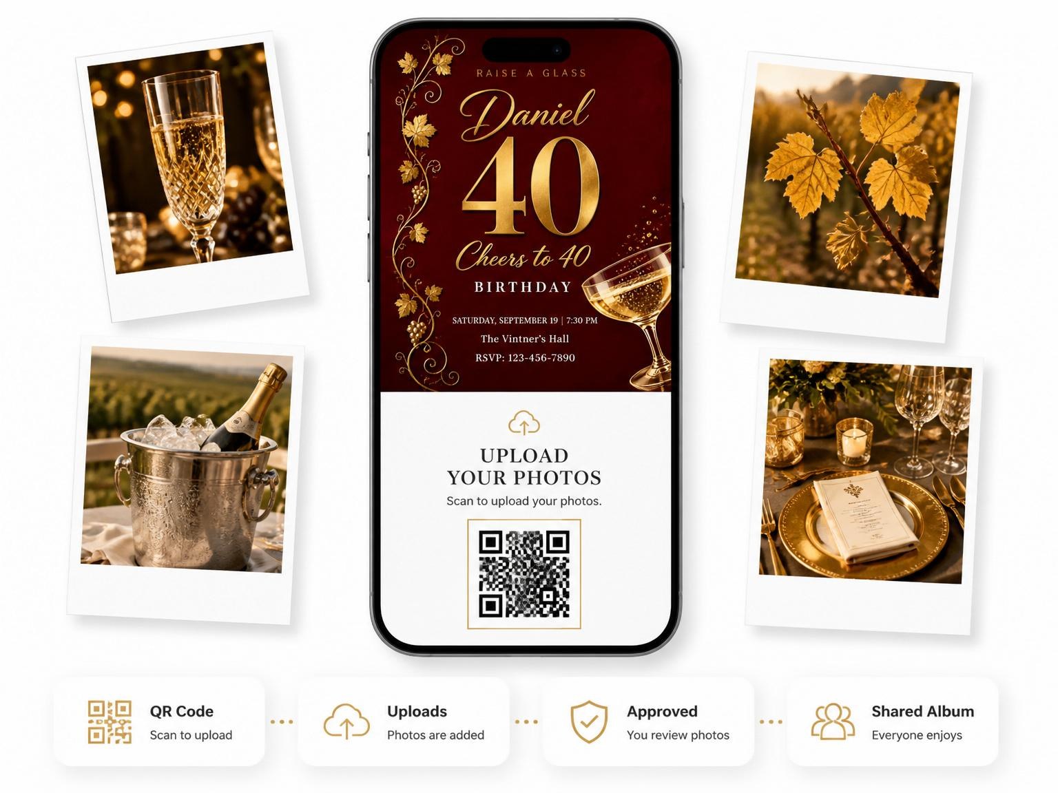 The shared photo gallery that comes with the Burgundy Gold Grapevine 40th Birthday invitation