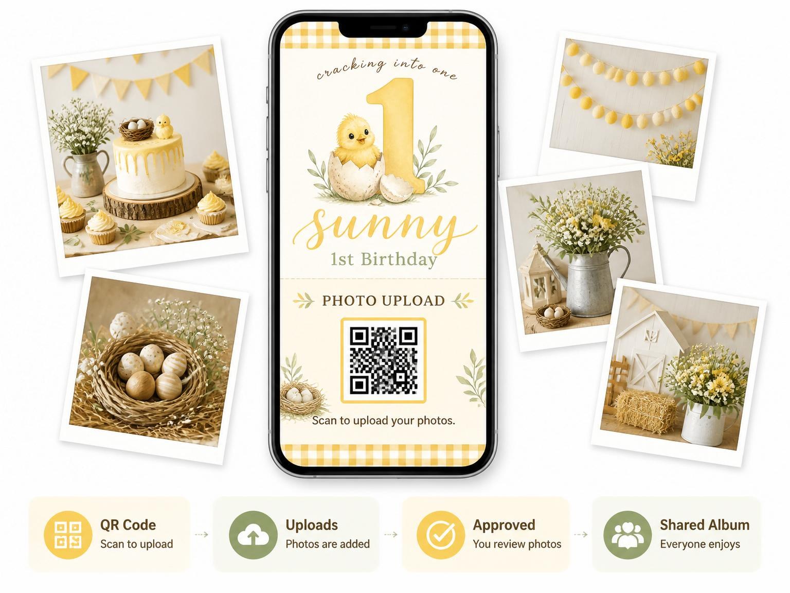 The shared photo gallery that comes with the Watercolor Chick Gingham 1st Birthday invitation