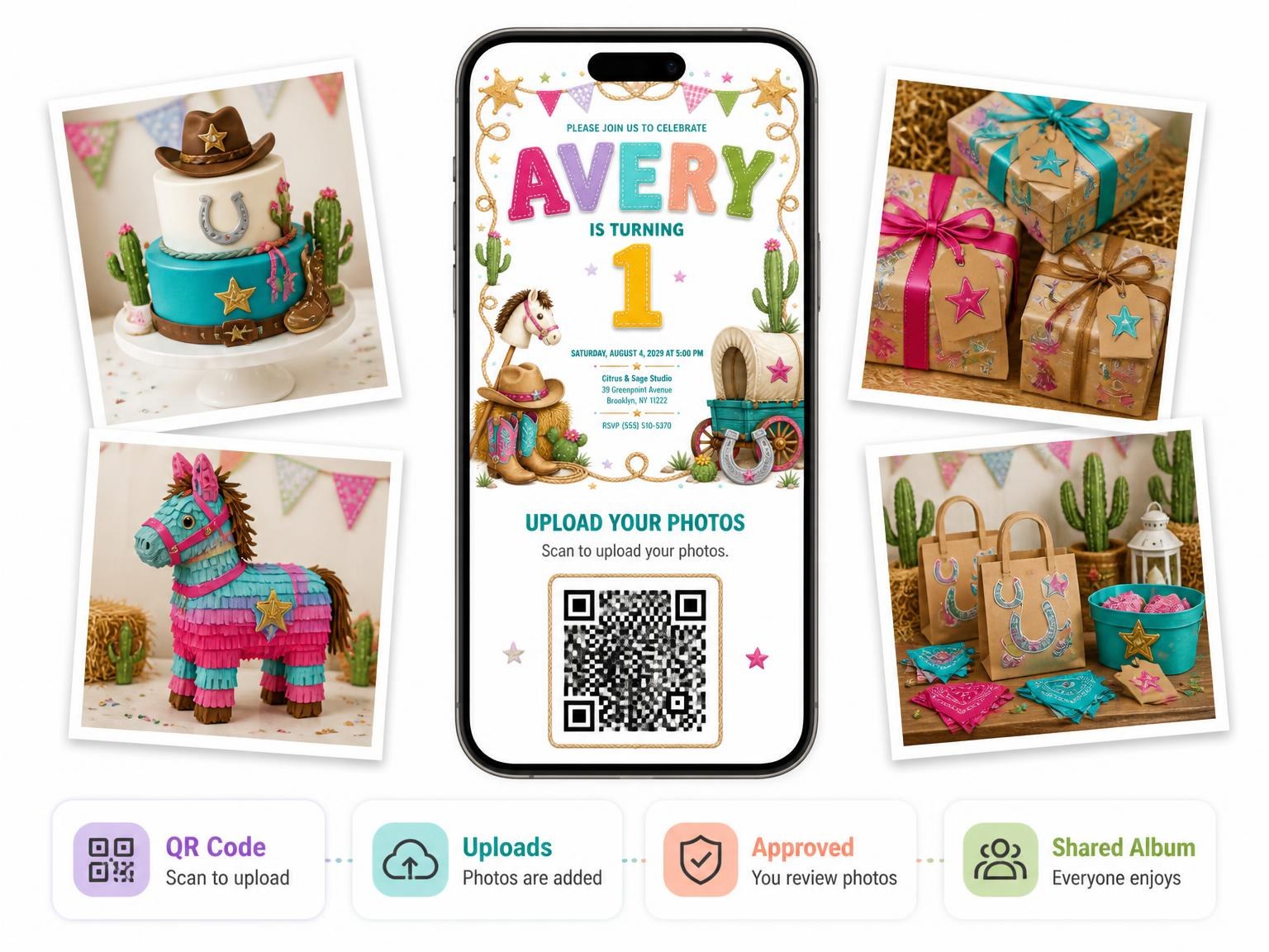 The shared photo gallery that comes with the Stitched Cowboy 1st Birthday Invitation invitation